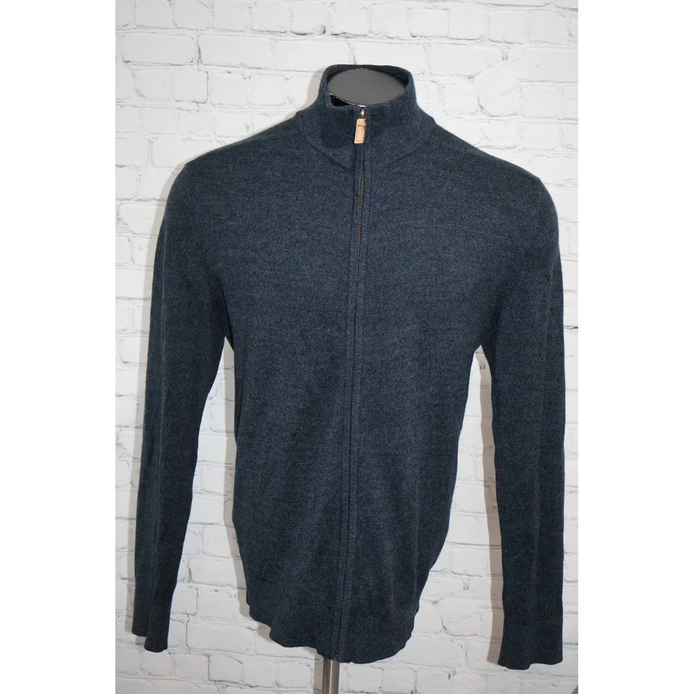 Banana Republic SweaterJacket Mens XL Blue Full Zip Merino Wool Blend Mock Neck